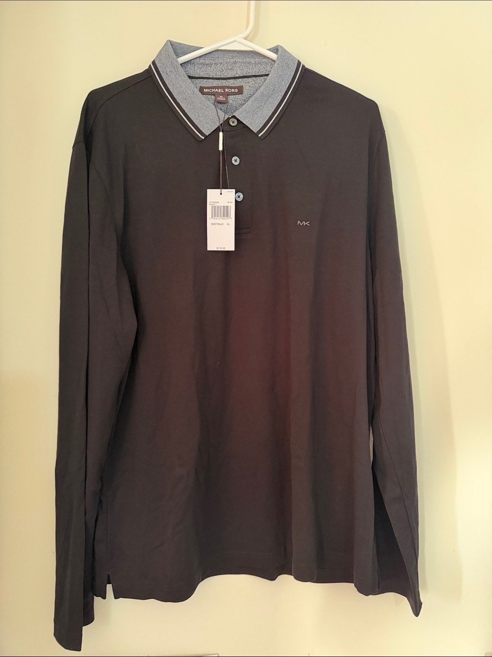 Michael Kors Long Sleeve Polo in Black with Gray Collar, Size XL, 100% Cotton